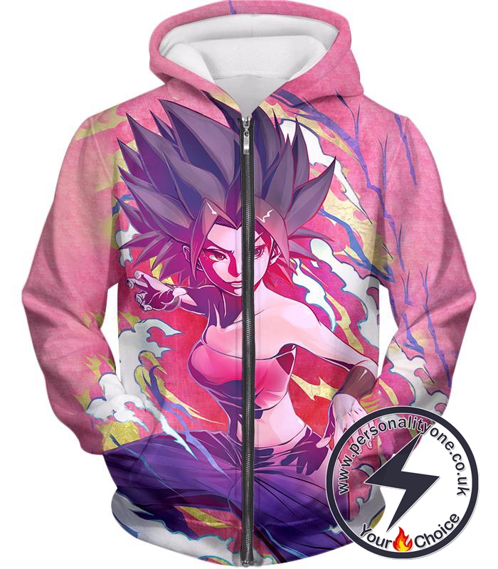 Dragon Ball Super Awesome Female Saiyan Caulifla Cool Action Anime Pink Zip Up Hoodie